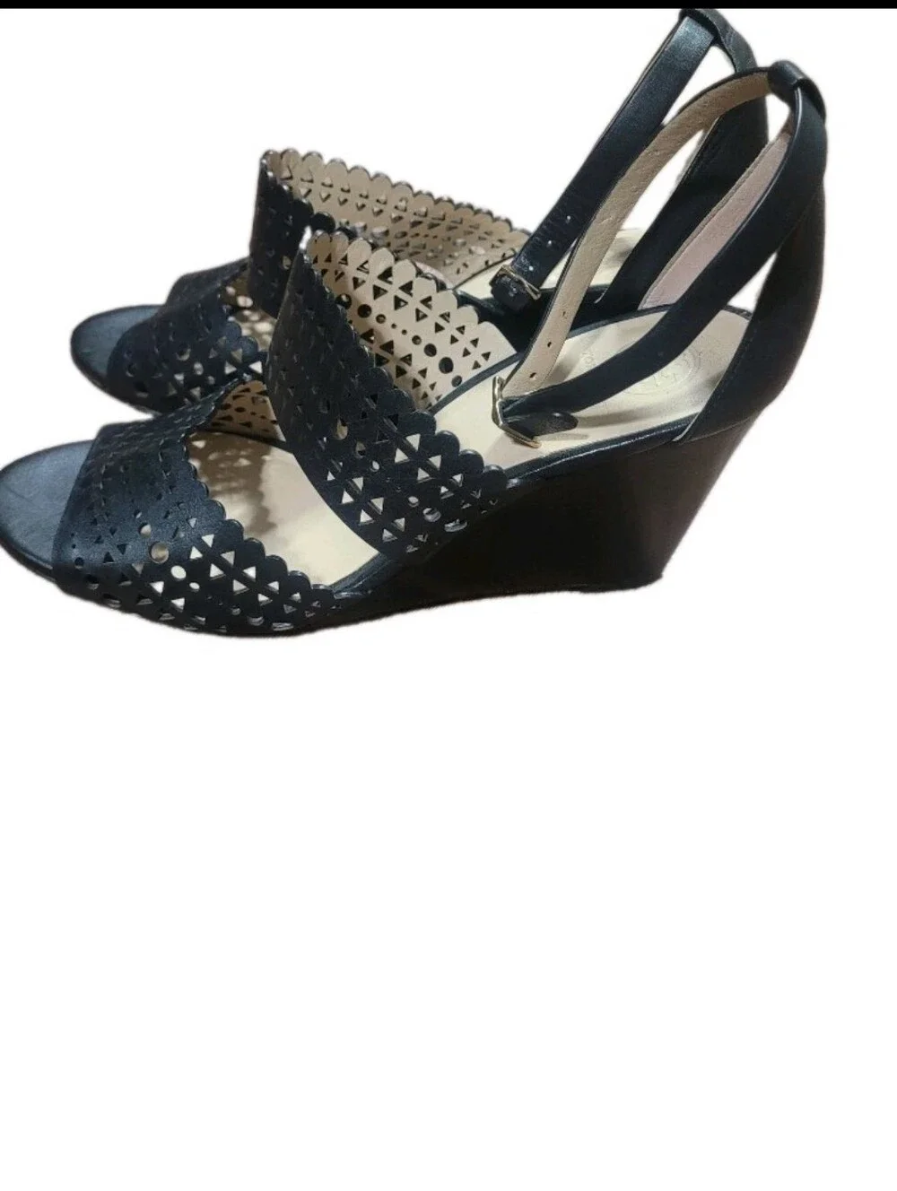 Tory Burch Nutria black perforated laser-cut leather gladiator wedge sandals  9M